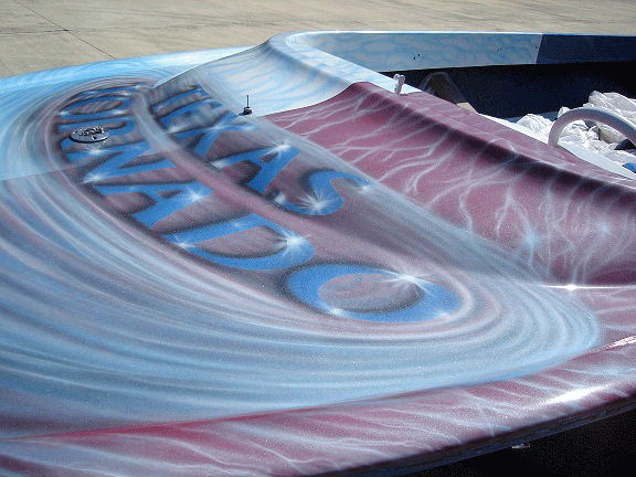 Jet boat airbrushed with Red Wine Candy, Electric Blue, Silver Platinum Interference Pearl.