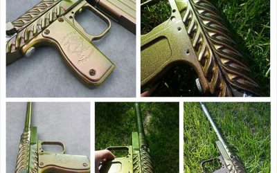 Paintball gun with 4739CS Gold Green Bronze ColorShift Pearls powder coated on the surface.