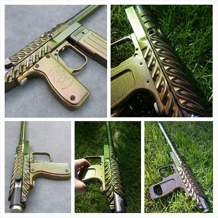 Paintball gun with 4739CS Gold Green Bronze ColorShift Pearls powder coated on the surface.