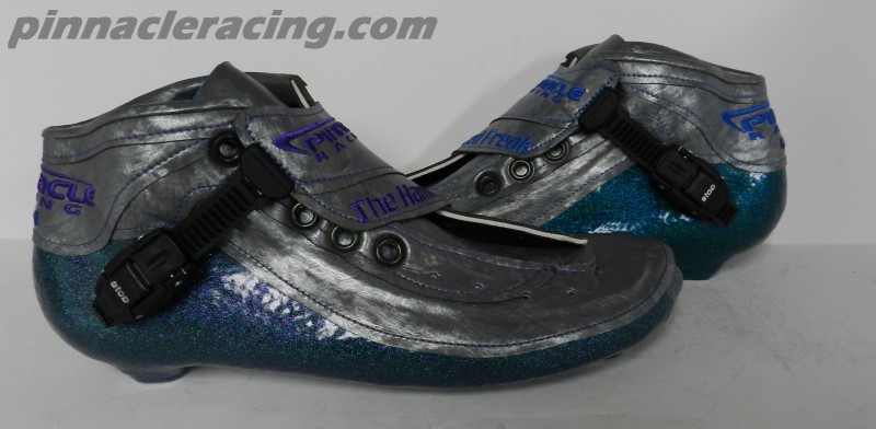 silver and blue metal flake inline speed skate boots